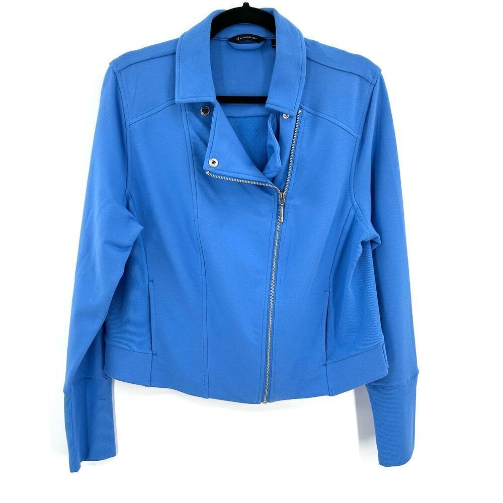 H BY HALSTON Blue Asymmetrical Full Zip Moto Jacket Size 16